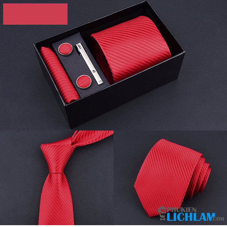 Set Cà vạt - kẹp cà vạt - khuy măng sét và khăn túi QT1236 (đỏ)