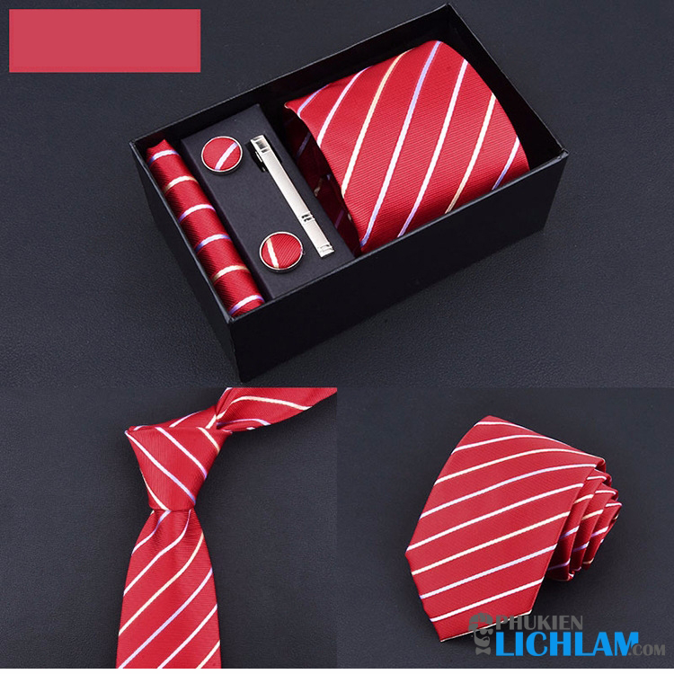 Set Cà vạt - kẹp cà vạt - khuy măng sét và khăn túi QT1236 (đỏ)