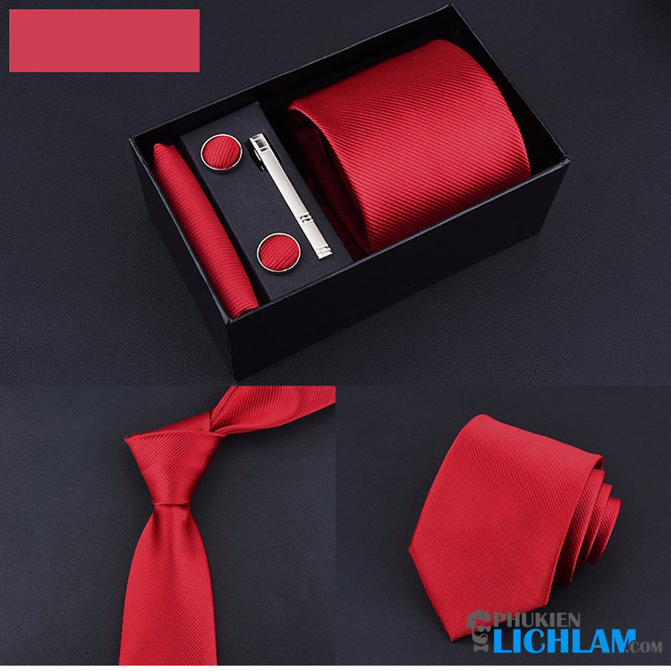 Set Cà vạt - Kẹp cà vạt - Khuy măng sét và Khăn túi QT1236 (Đỏ)